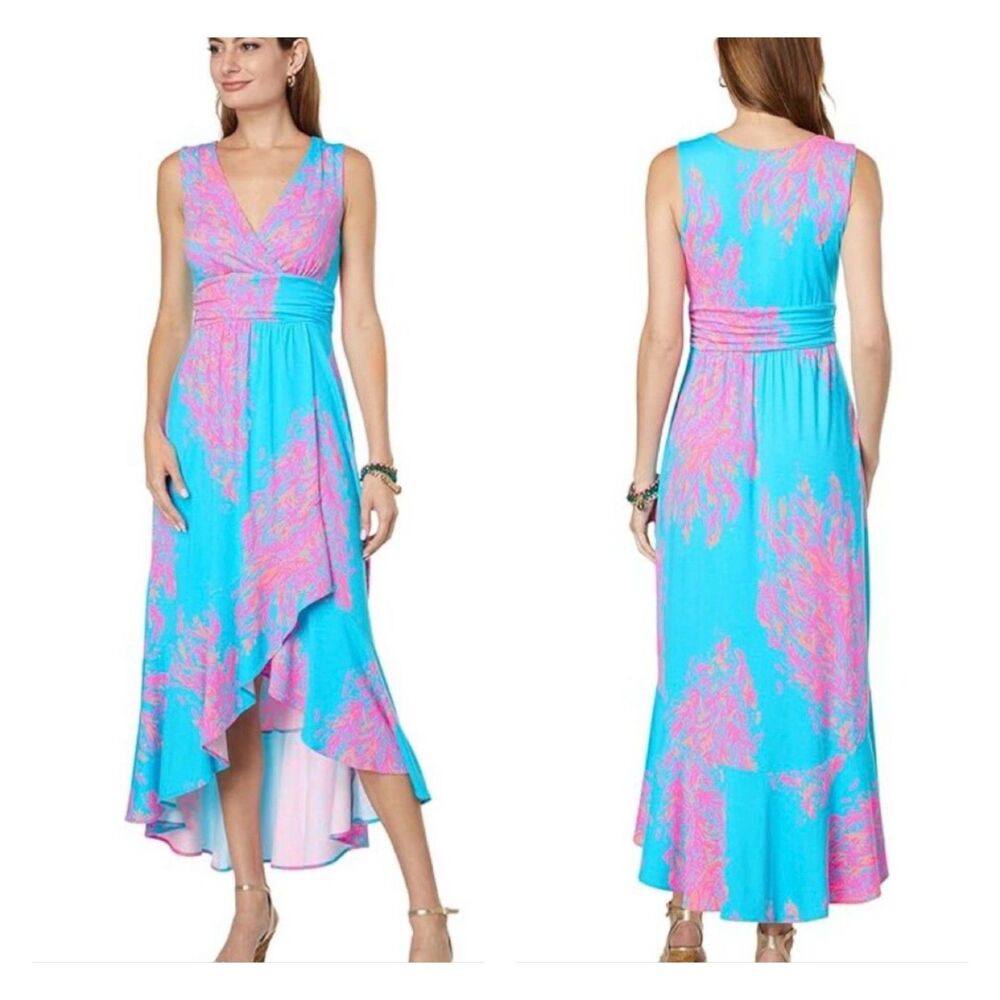 LILLY PULITZER Moana Maxi Wrap Dress Turquoise Oasis Goddess of the Sea, Sz L